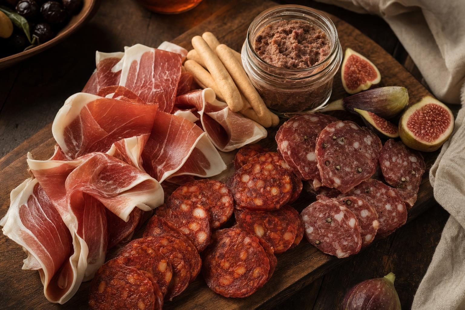 Planche de charcuterie ibérique avec jamón, chorizo, pâté et figues