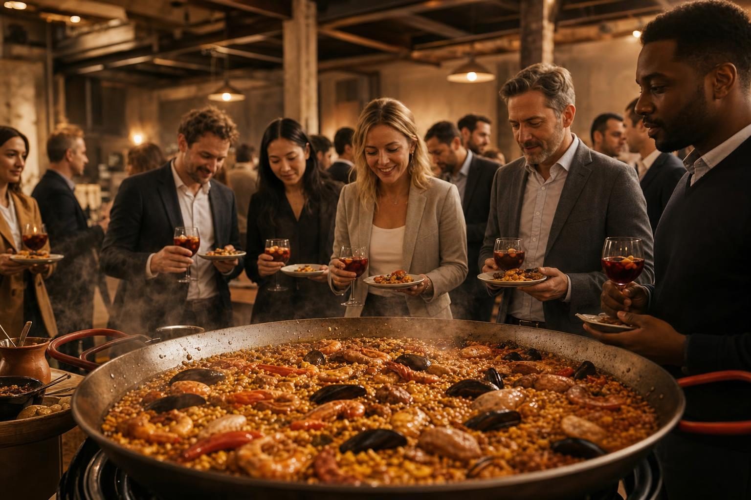 Détail des invités d'entreprise discutant autour de la paellera