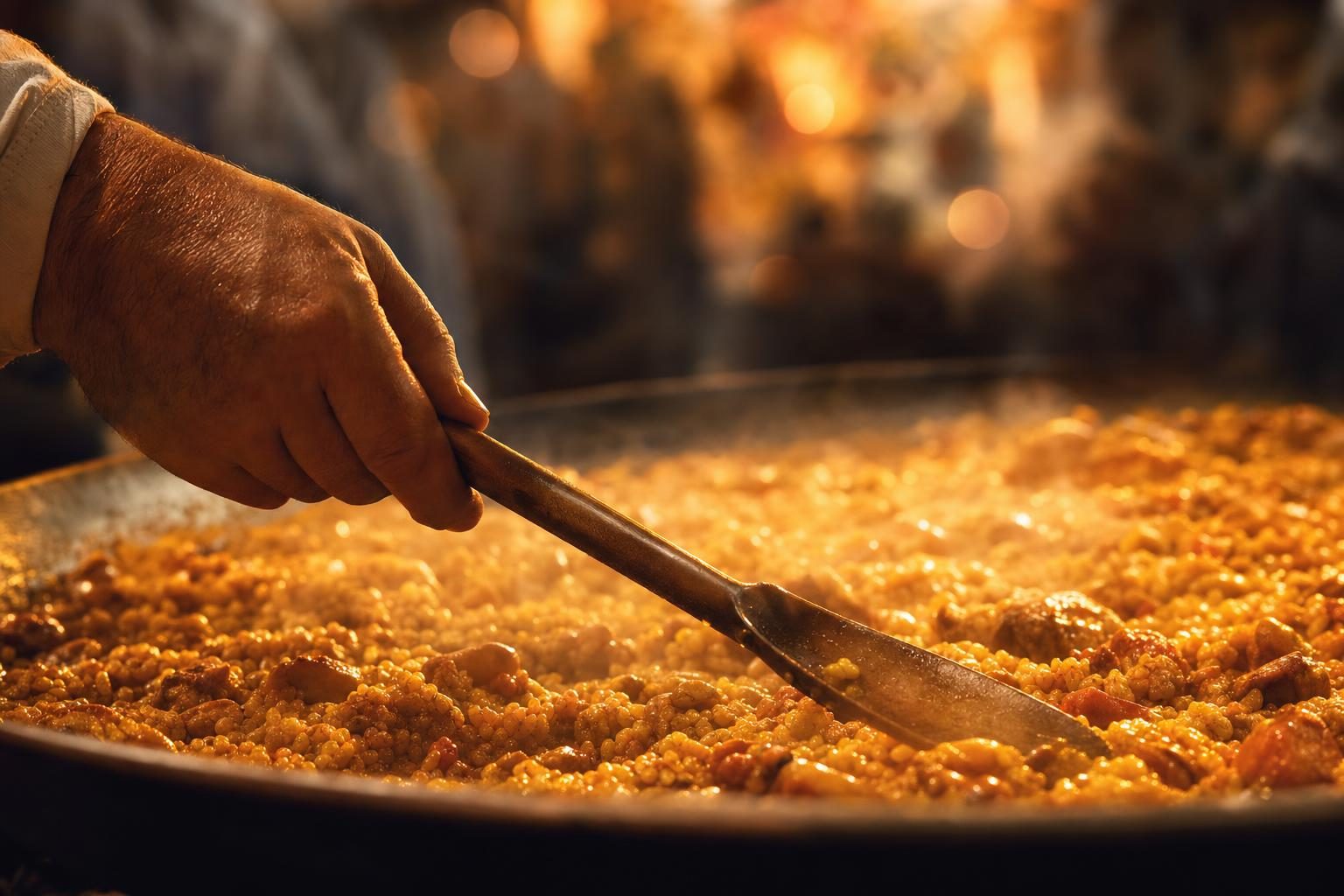 Détail d'une paellera géante de 1,5 m en cuisson dans une rue de Valencia pendant Las Fallas