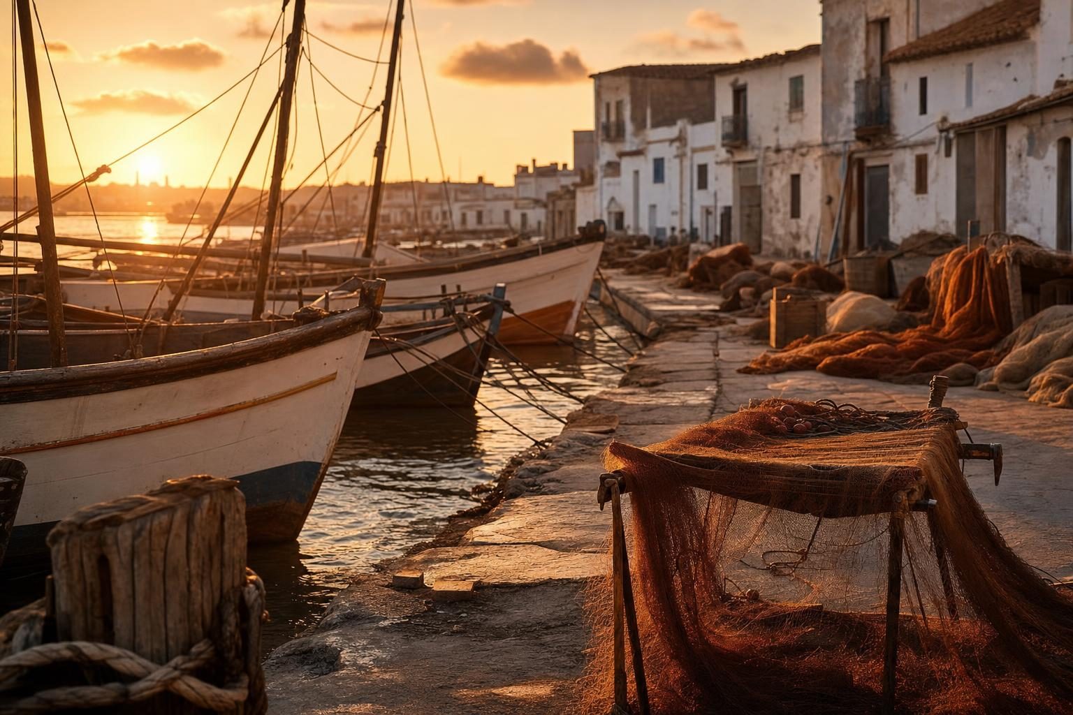 Port de Gandía au coucher du soleil, bateaux de pêche traditionnels