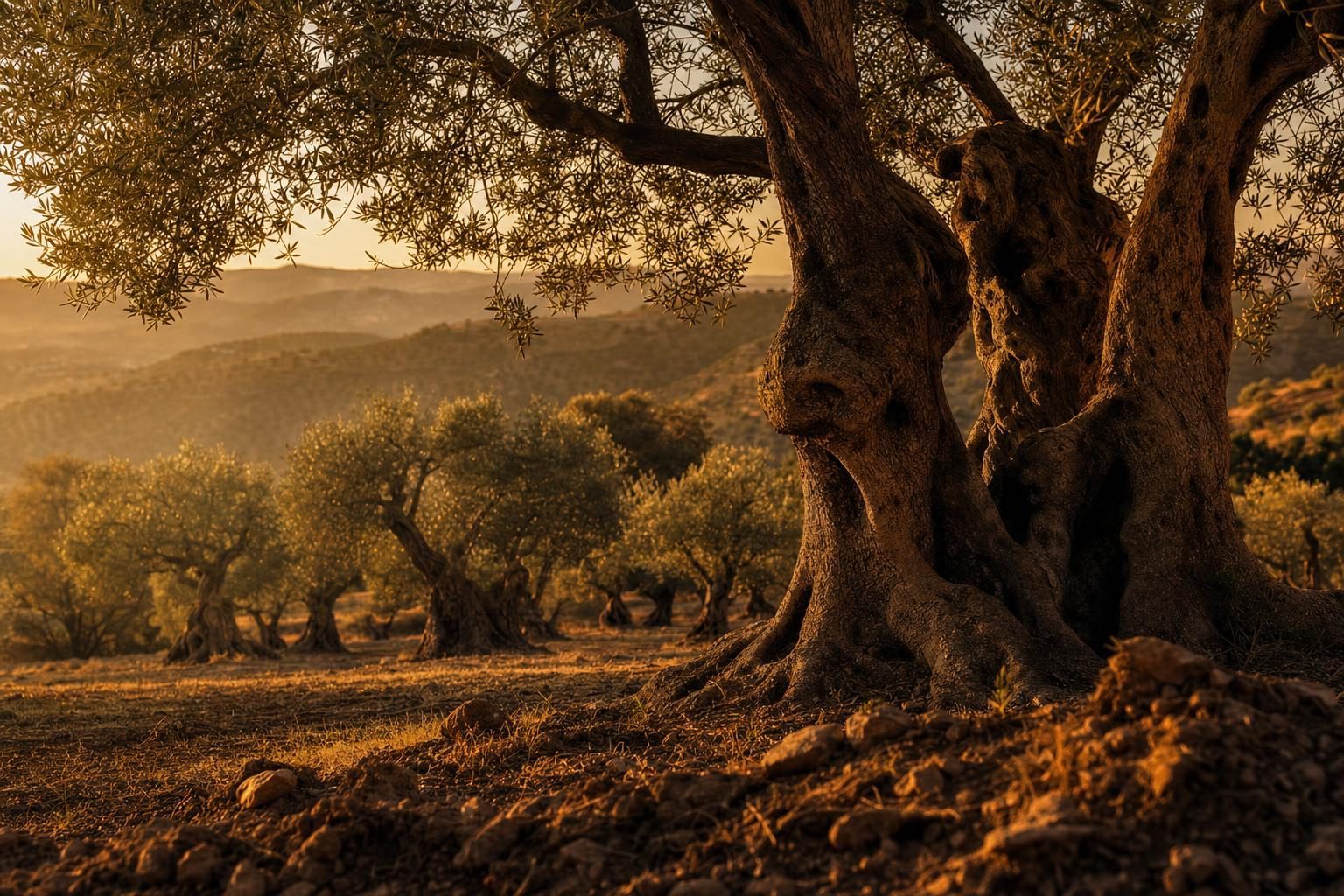 Champ d'oliviers centenaires en Andalousie, sous le soleil du Sud