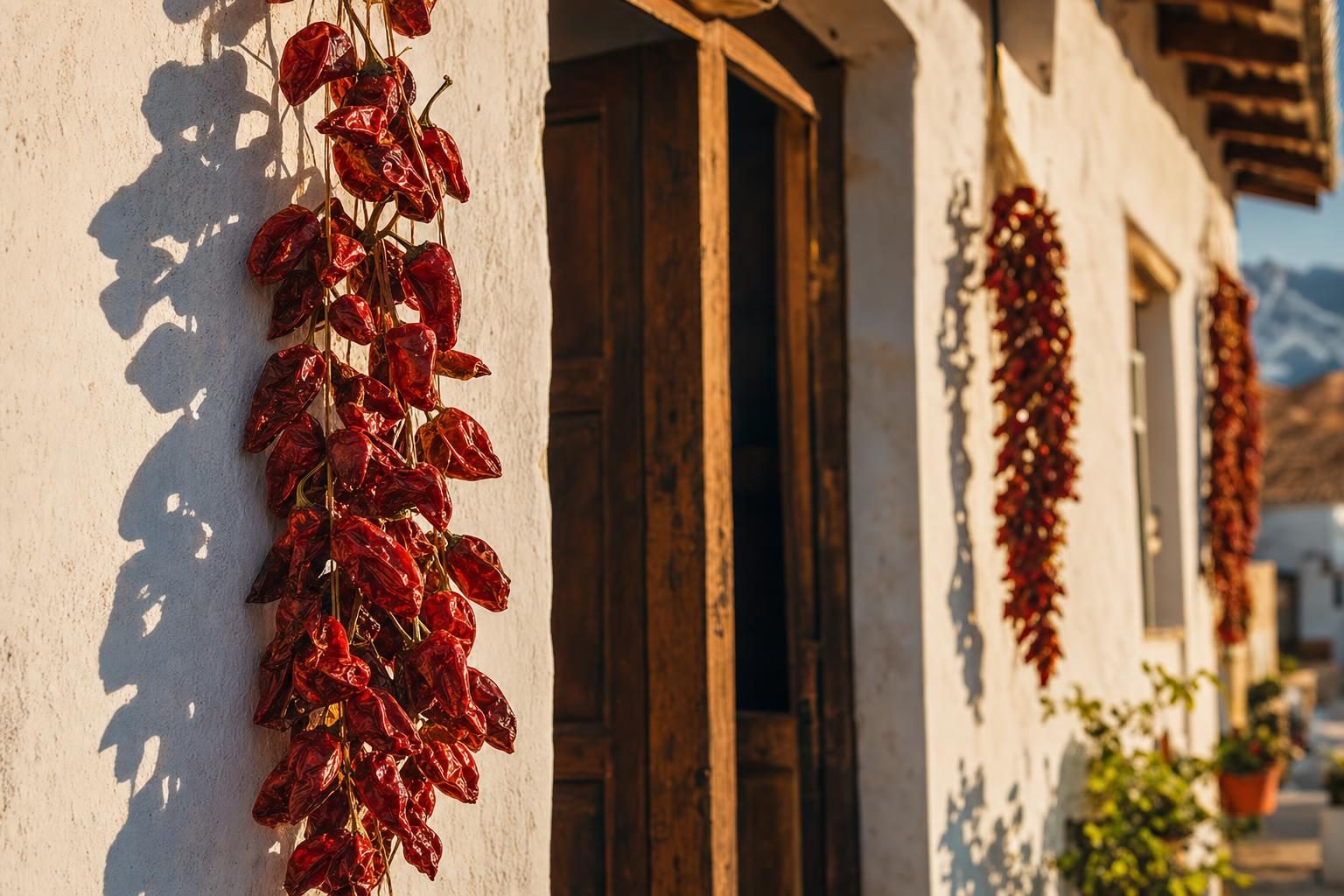 Chapelets de ñoras séchant au soleil sur un mur blanc de Murcie