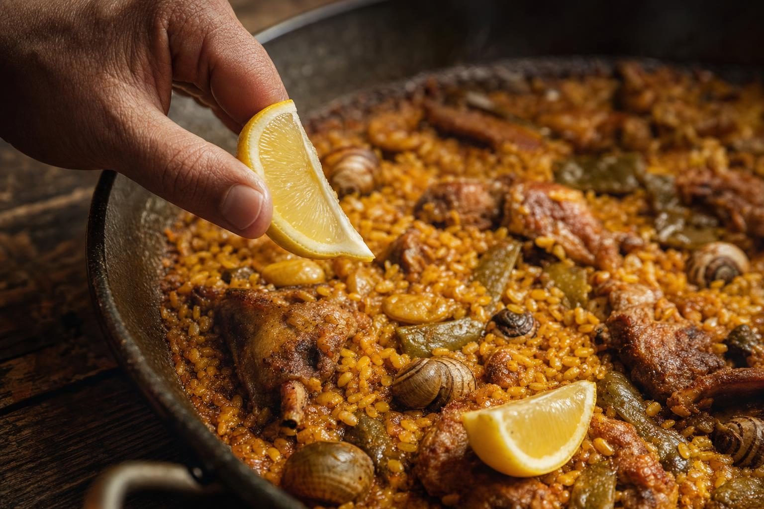 Détail des ingrédients posés sur une planche : poulet, lapin, garrofó, ferraúra, tomate