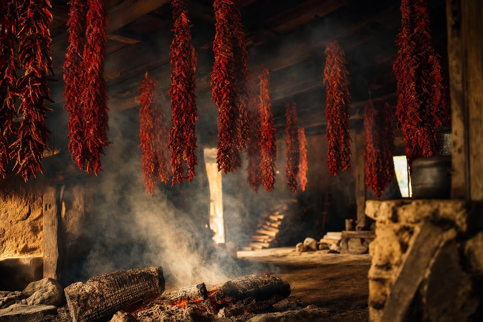 Piments de la Vera suspendus en train de fumer dans un séchoir traditionnel