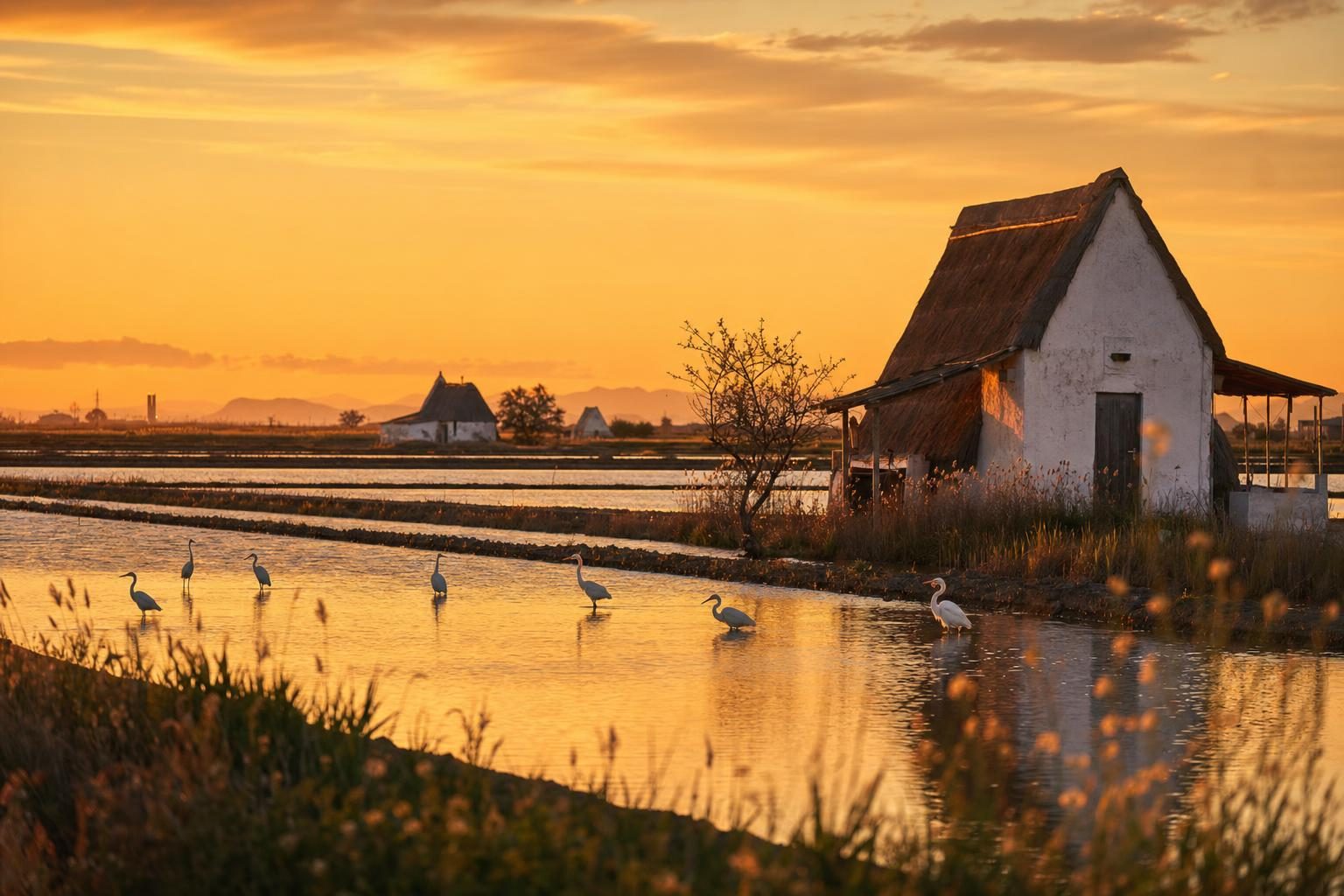 Rizières de l'Albufera au coucher de soleil, près de Valence