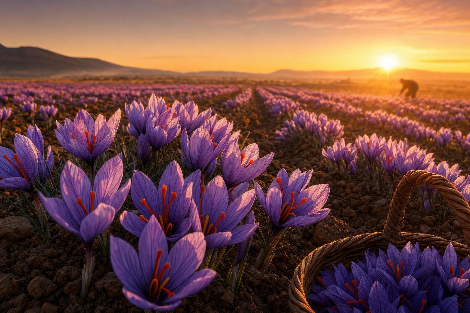 Champ de crocus violets en floraison sur les plateaux de La Mancha