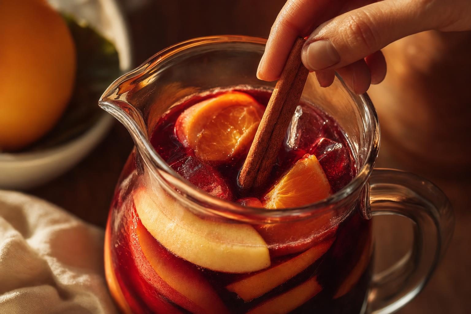 Détail des fruits macérés dans la sangria : oranges, pomme, cannelle