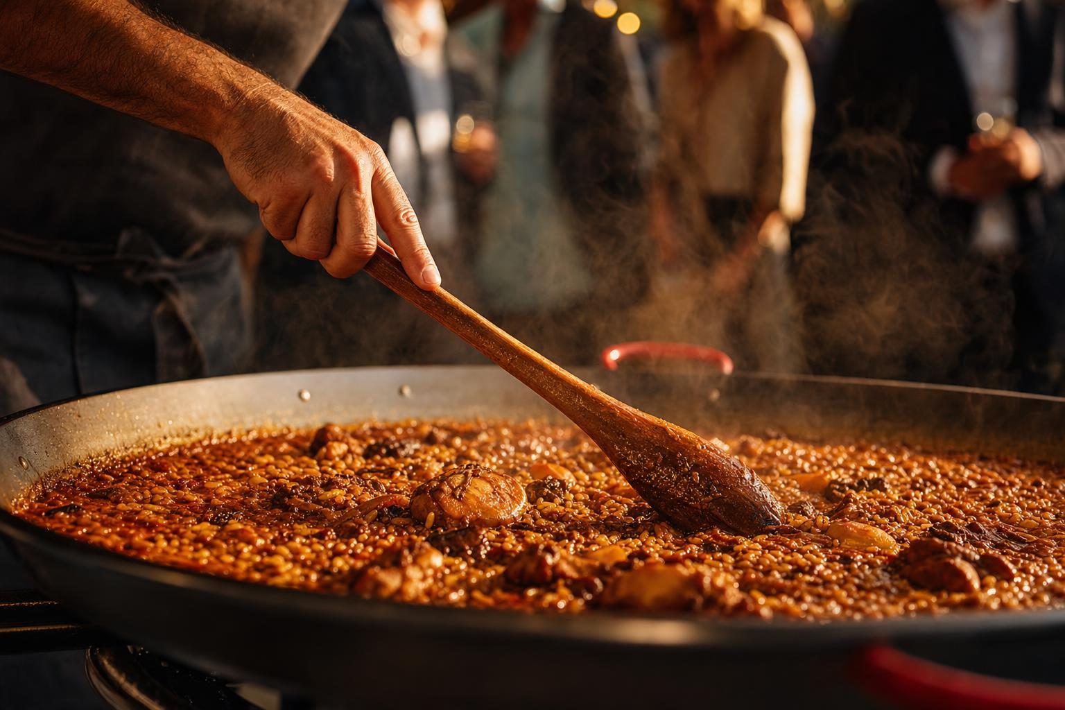 Détail des invités attroupés autour de la paellera, regardant la cuisson