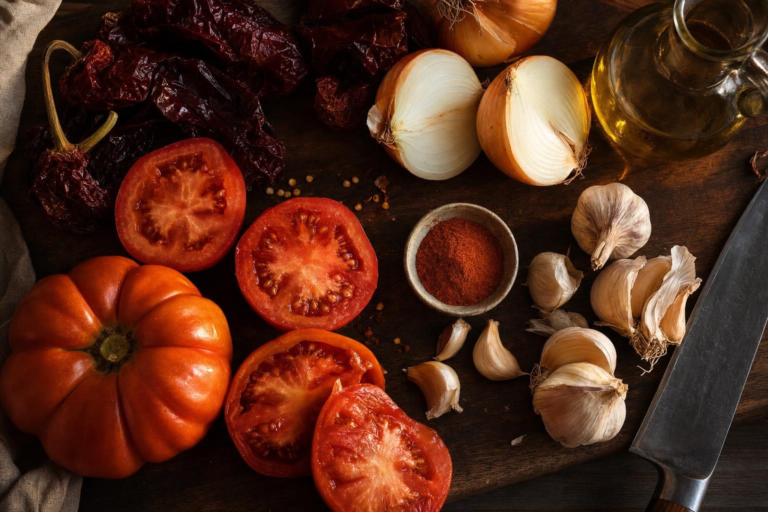 Tomates, oignons, ail et ñoras prêts pour le sofrito