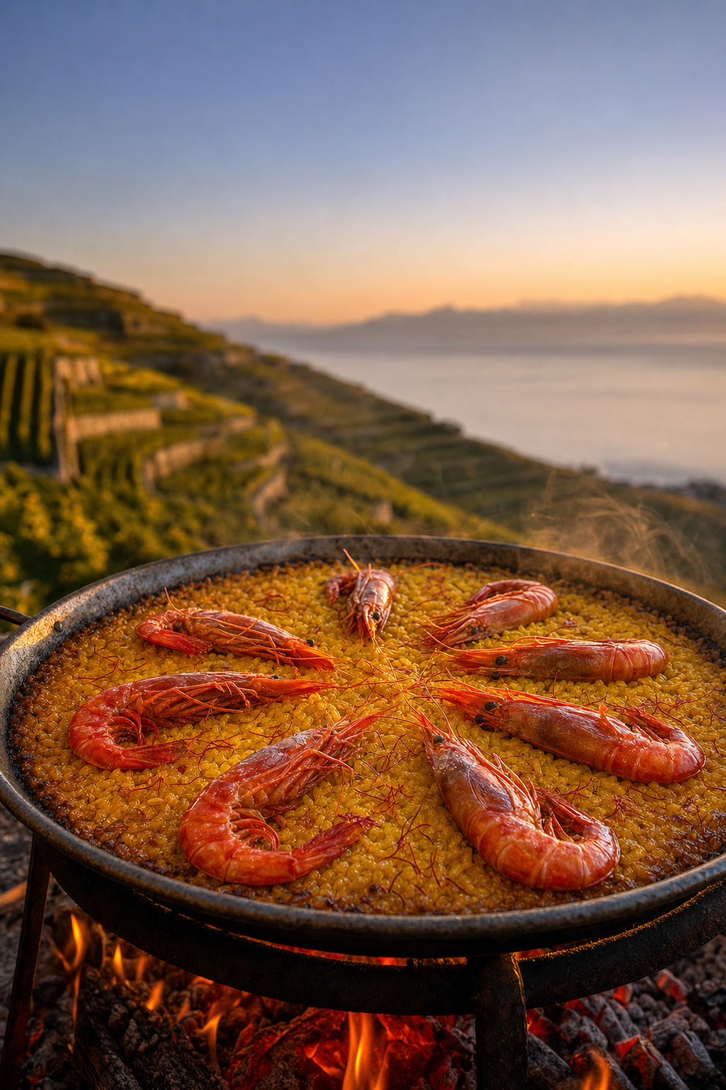 Paella au coucher de soleil sur les vignobles de Lavaux