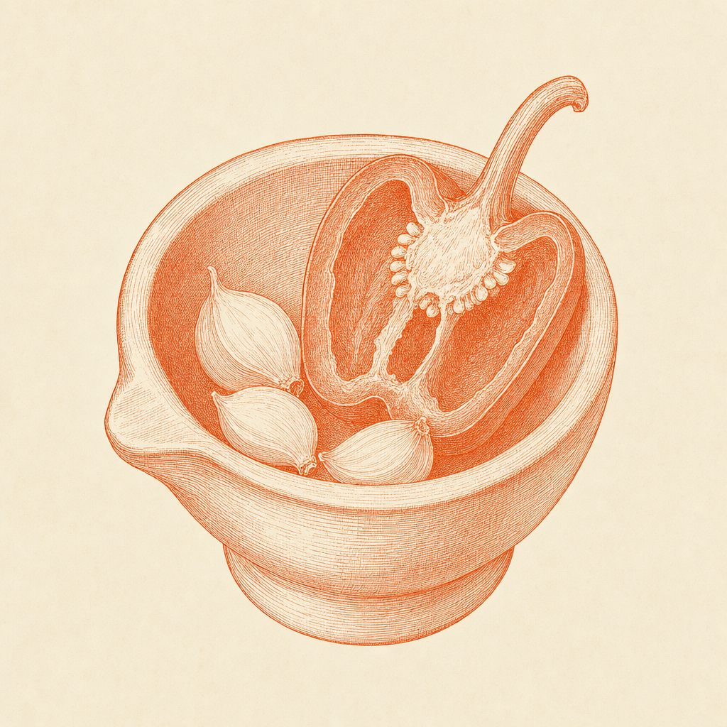 Sofrito valencien : ail, poivron rouge, tomate, ñoras